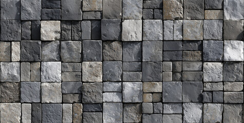 Irregularly shaped stone blocks forming a textured wall pattern, featuring various shades of grey and black for architectural backgrounds and rustic designs