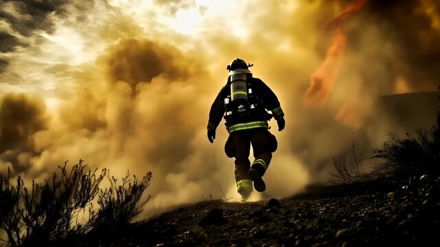 Natural disaster. Devastating loss aftermath scene. A firefighter in action against a backdrop of a fiery sky and smoke. The firefighter is captured midjump, with the smoke billowing around them.