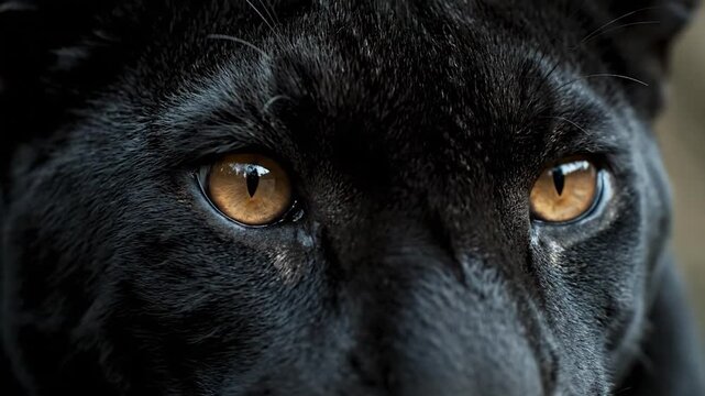 Close-up of a black panther's face, showcasing striking gold eyes and dark fur