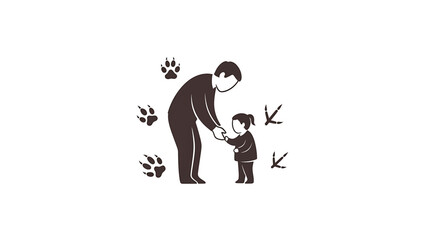 A parent and child are depicted holding hands, surrounded by animal paw prints and bird footprints on a white background. This captures togetherness