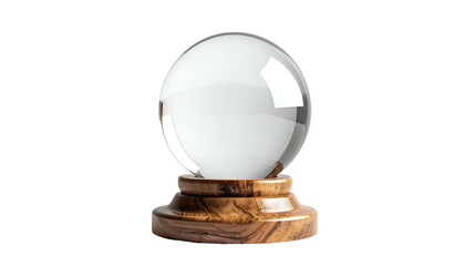 Obraz premium A transparent crystal sphere rests on a wooden base, isolated against a black background