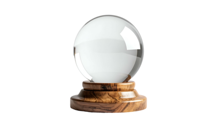 A transparent crystal sphere rests on a wooden base, isolated against a black background
