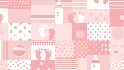 Fototapeta premium A pastel pink patchwork design features geometric shapes and baby-related icons, including footprints, bottles, and polka dots. The image has a soft, whimsical aesthetic, perfect for children