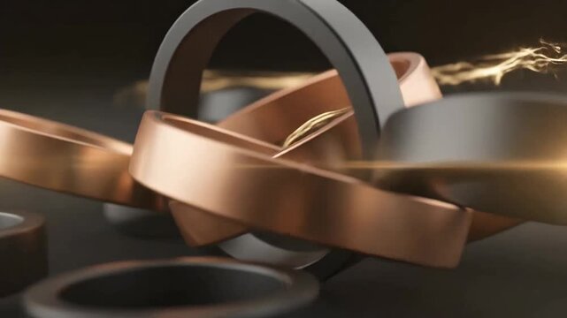 Abstract rings in black and copper colors falling with golden shiny trails.