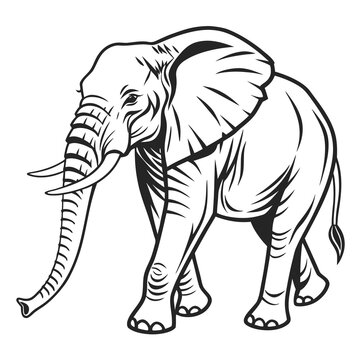 Striking black and white tribal stylized elephant head portrait vector graphic featuring intricate ornamental patterns and large prominent tusks for design