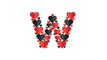 A letter "W" formed by red and black hearts with textured surfaces, set against a pristine white backdrop. A cute, heart-filled design