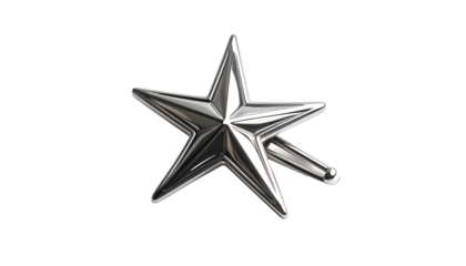A shiny silver five-pointed star with a pin-like protrusion, isolated on black
