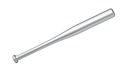 Gleaming silver metal bat, angled diagonally against black background