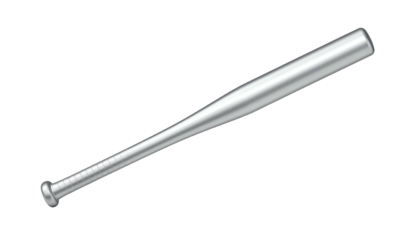 Gleaming silver metal bat, angled diagonally against black background
