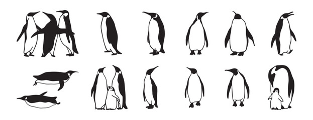 penguin logo doodle hand drawn icon set. Outline drawing penguin line clipart symbol collection © Yanka