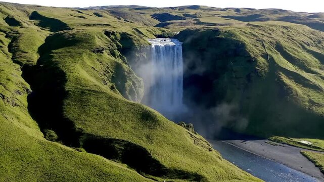 Cinematic Aerial View of Sogafoss Waterfall in Lush reen Iceland