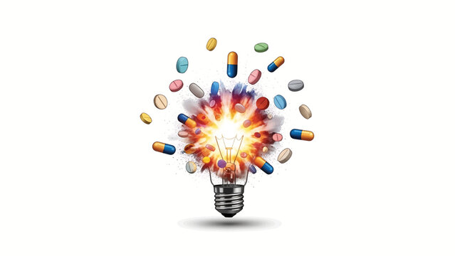 A lightbulb with a filament ignites as colorful pills and capsules explode outward in a burst of energy against a clean white backdrop