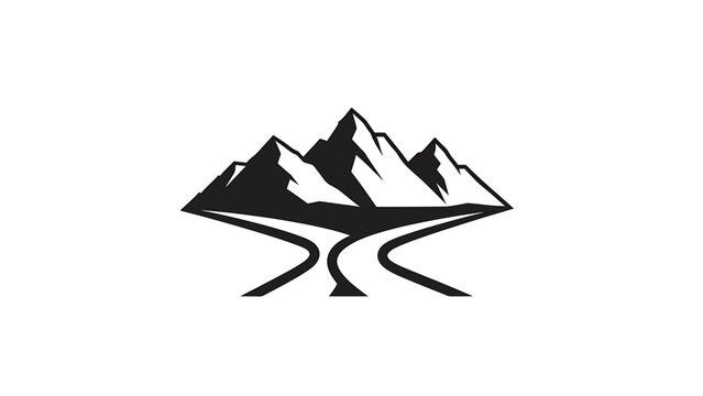 A monochrome illustration features a stylized mountain range and a bifurcating road. The design is simple, graphic, and suggestive of travel