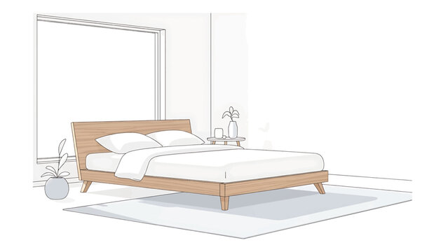 A line-drawing illustration of a bedroom interior. There's a bed with white bedding, a window, a round side table, and minimalist plant decor. The floor has a light rug
