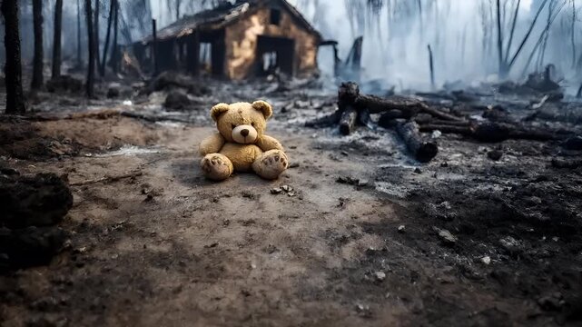 Natural disaster. Devastating loss aftermath scene. A teddy bear sits on the ground amidst the aftermath of a devastating forest fire.