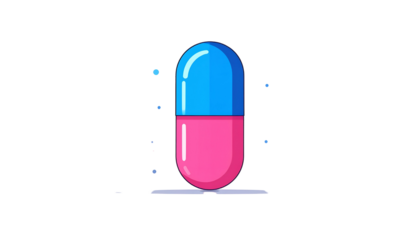 Cartoon capsule pill, blue top pink bottom, simple shadow, surrounded by faint sparkles, black background