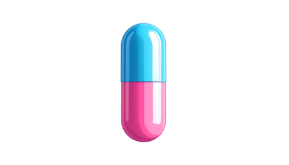 A stylized, brightly colored capsule medication with a blue top and pink bottom against black