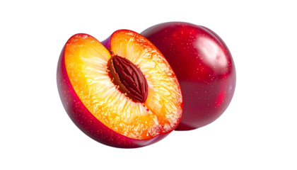 A close-up of a halved plum beside an intact one, showcasing its vibrant interior