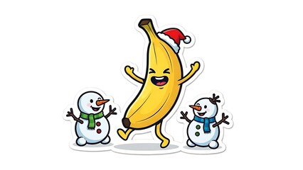 Cartoon banana sticker wearing santa hat dancing with two cute snowmen