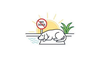 Fototapeta premium A linear illustrated image depicts a dog resting near water, with a 