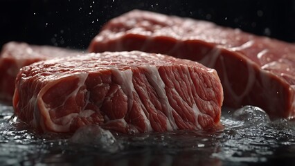 Fresh Raw Beef Steaks Resting on a Wet Surface with Water Droplets