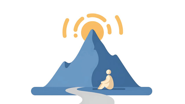 A person sits, contemplating a path leading toward a mountain, with the sun radiating behind it. Simple art style
