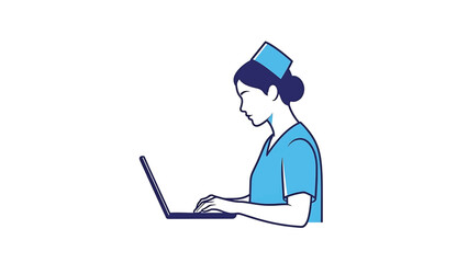 A medical professional, wearing a cap and scrubs, works intently on a laptop. The simple illustration conveys efficiency and dedication in a healthcare setting