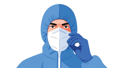 A medical professional, wearing a blue protective suit with a hood, mask, and blue gloves, ready for medical procedures