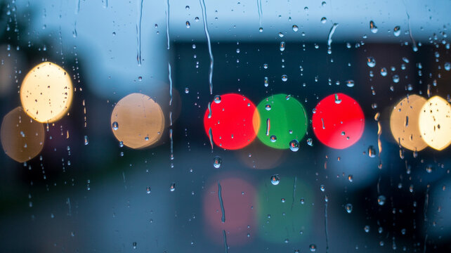 Raindrops on a Window with Blurred Colorful Bokeh Lights photo stock - Powered by Adobe