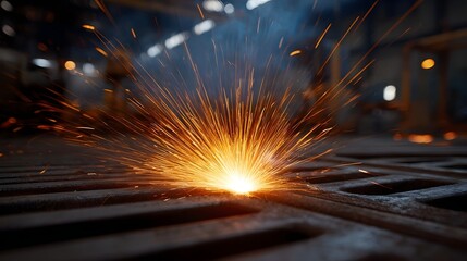 Intense welding sparks erupt in a vibrant orange burst from a metal grate in an industrial setting