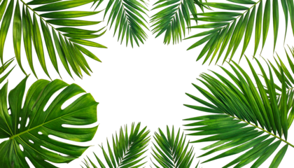 Lush, vibrant green tropical leaves frame a central black space