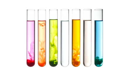 Row of glass test tubes filled with vibrant colored liquids, science experiment concept