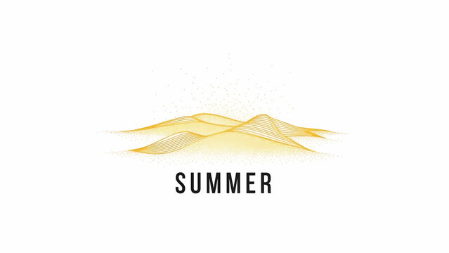 A minimalist illustration of abstract dunes composed of golden lines. The word "SUMMER" appears below in bold black font against a white backdrop