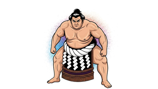 A muscular illustration of a sumo wrestler, with a stern expression, facing forward. The wrestler is clad in traditional attire