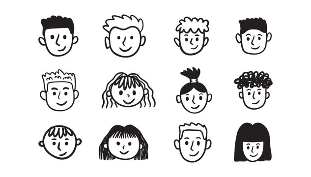 Kids faces portraits set. freehand kids pencil drawing elements. Comic child funny doodle faces set.