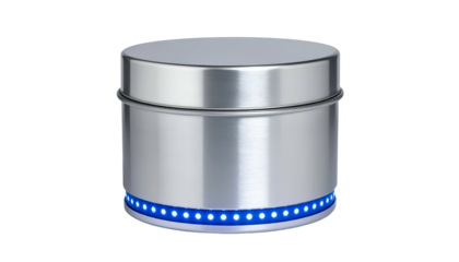 Sleek silver cylindrical container with a glowing blue LED ring base, isolated on black