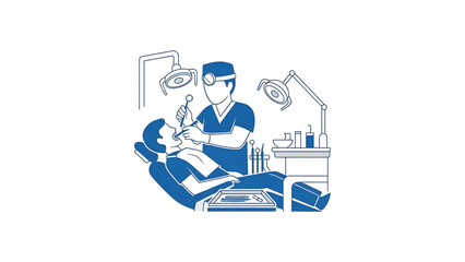 A medical illustration depicting a dentist examining a patient in a dental chair, with overhead lights and tools. The scene evokes a clinical setting