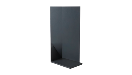 Minimalist grey rectangular display structure, a corner unit, against a black background