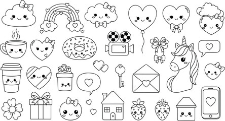 Cute kawaii doodle icon set with hearts, unicorn, rainbow, coffee and gifts, adorable hand drawn cartoon elements isolated on white background