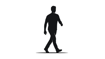A monochrome depiction of a person walking, rendered as a silhouette against a white background. The figure is in motion, with legs and arms moving
