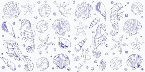 A blue line art illustration of various seashells starfish and marine life © Delip
