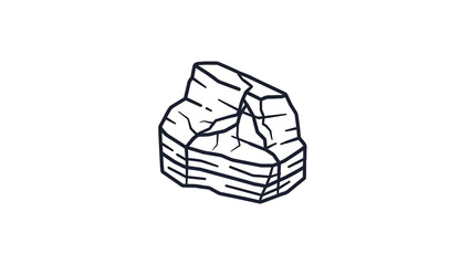 A minimalist line drawing depicts a stylized rock formation with layered base, jagged upper portion, and cracked surface details