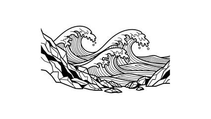 A monochrome illustration depicting ocean waves crashing against a rocky shoreline, stylized with sharp angles and lines