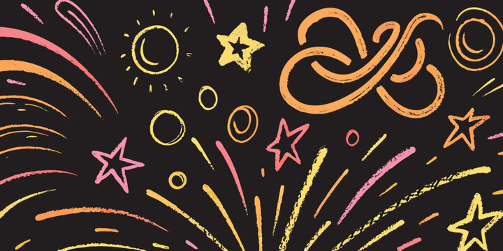 Colorful chalk drawing of stars sun and swirls on a black background