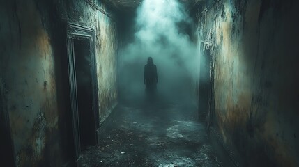 Mysterious figure in abandoned hallway