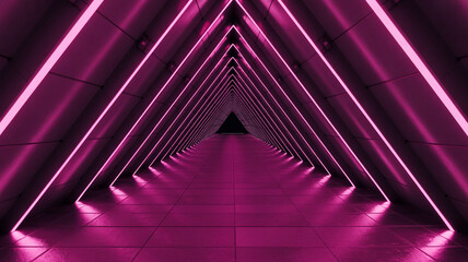 Triangular Neon Pink Corridor with Reflective Floor and Dim Lighting tunnel