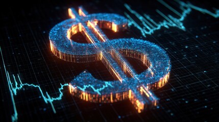 A bright digital dollar sign stands out against a backdrop of glowing stock market graphs. The scene captures the essence of finance and technology, conveying modern economic themes.