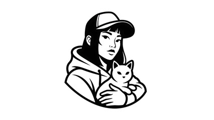A monochrome illustration features a person wearing a cap and hoodie, holding a stylized cat. The image has a minimalist aesthetic