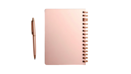 Rose gold notebook and pen on black, top-down view, showing the bound paper