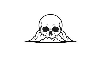 A monochrome illustration features a skull emerging from an abstract base. It presents a simple yet striking design with bold outlines